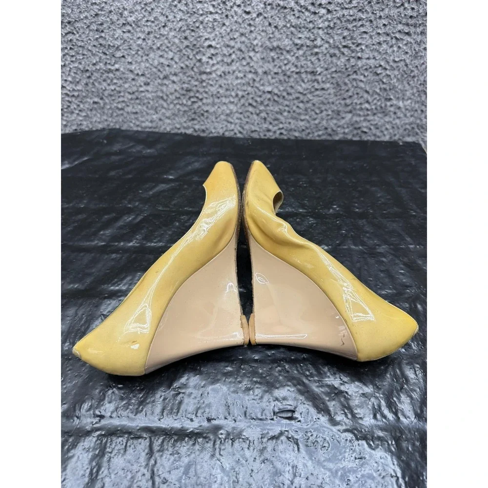 Jimmy Choo Patent Leather Peep Toe Wedge Pumps Yellow Womens Size 38 EU